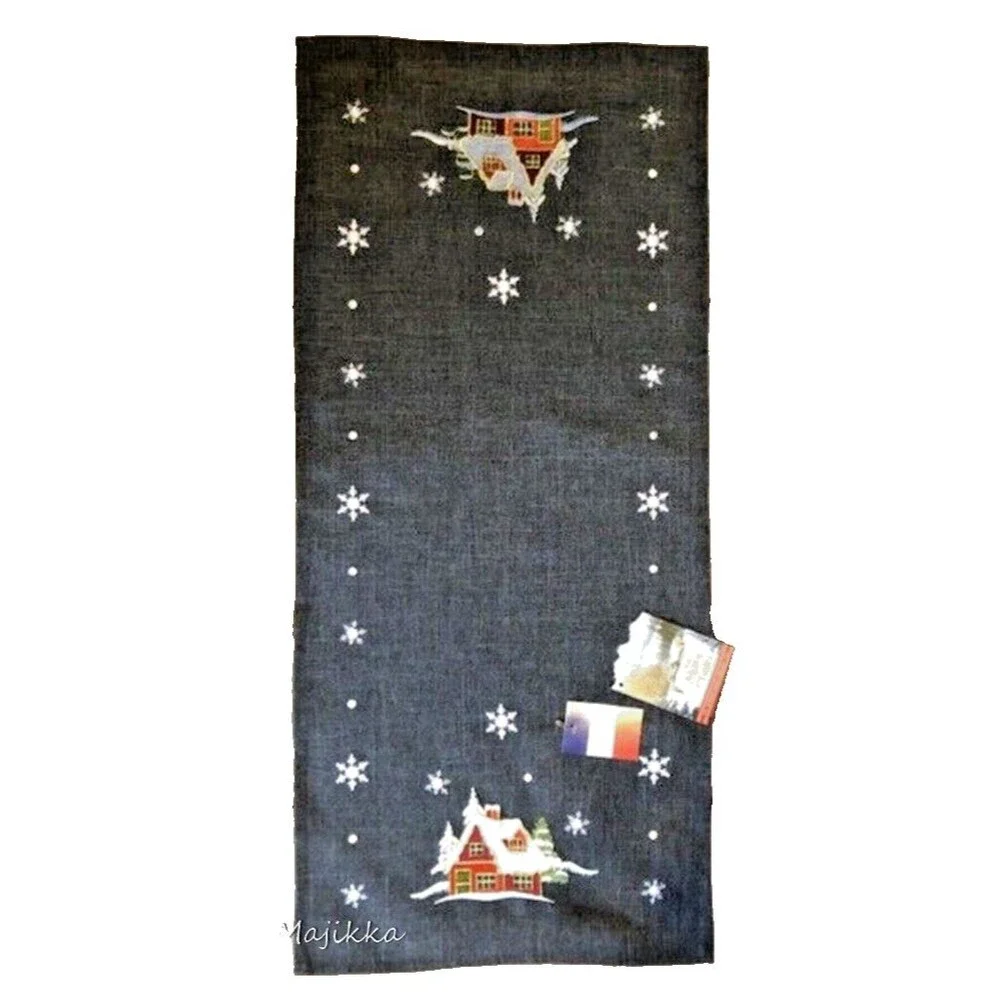 Rolande du Dreuilh Table Runner Embroidered Chalet Snowflakes Winter Gray France